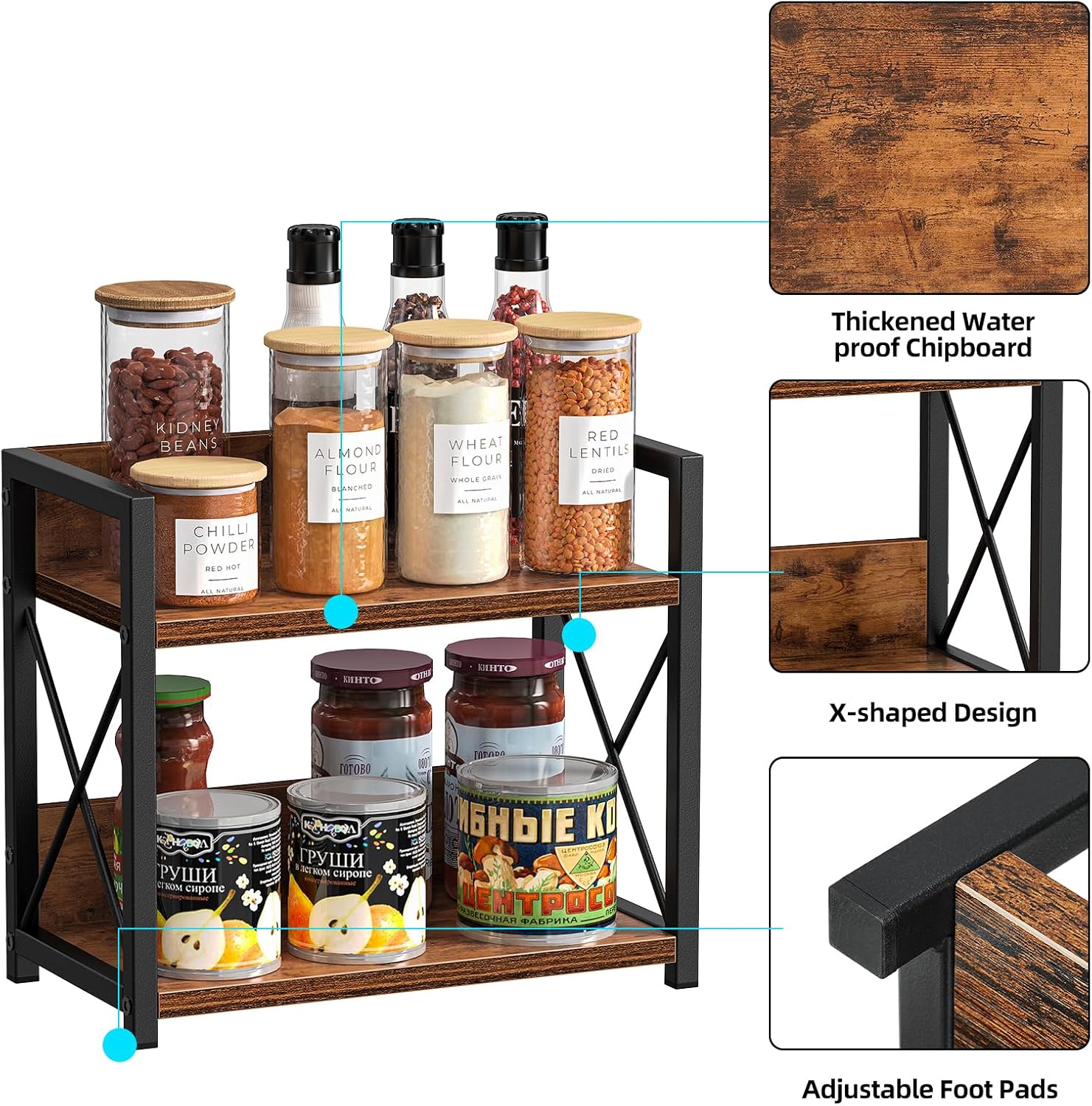 CARLA HOME 2-Tier Countertop Shelf Organizer Rustic Wood Kitchen Spice Rack for Storage, Condiments & Cabinet Organization 4