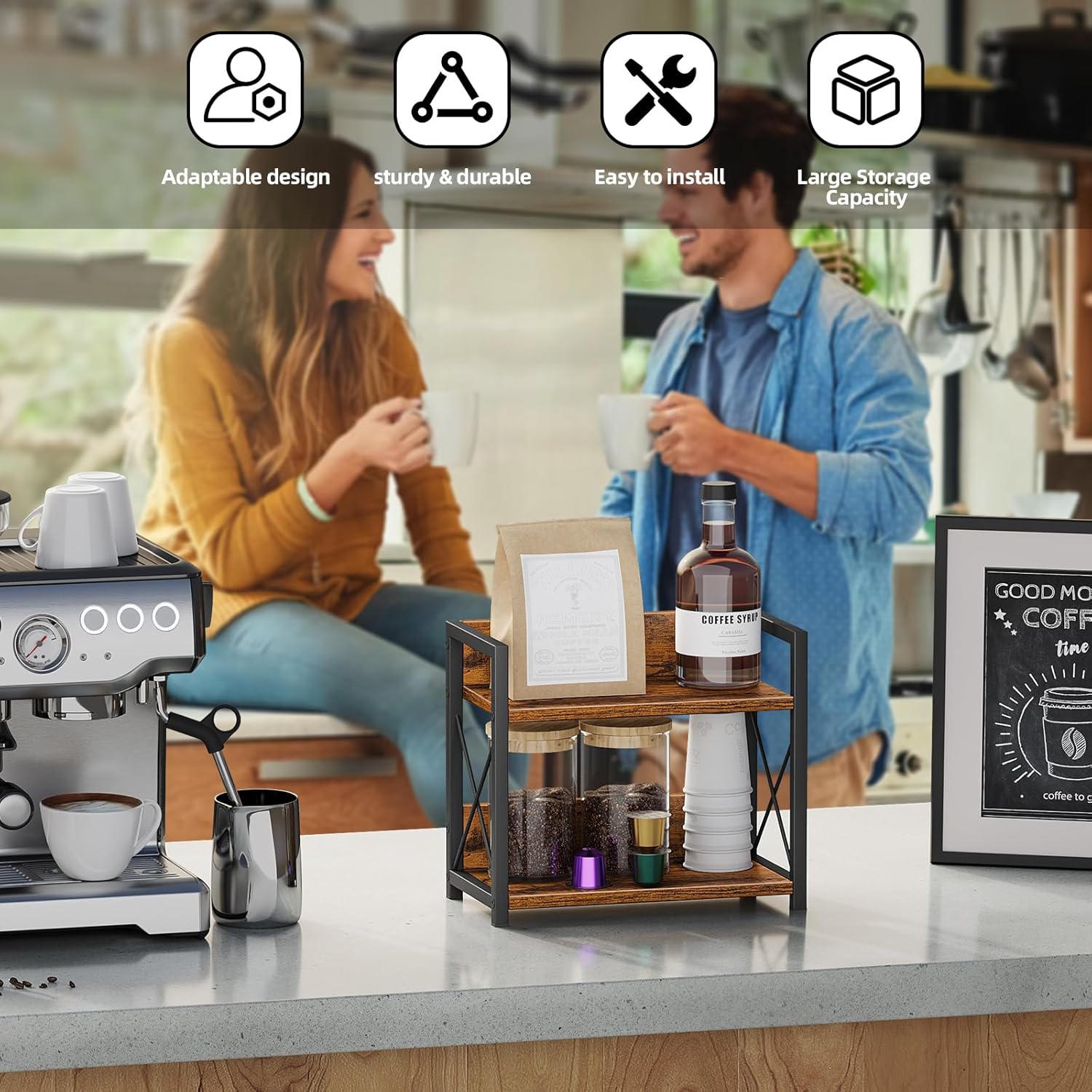 CARLA HOME 2-Tier Countertop Shelf Organizer Rustic Wood Kitchen Spice Rack for Storage, Condiments & Cabinet Organization 5