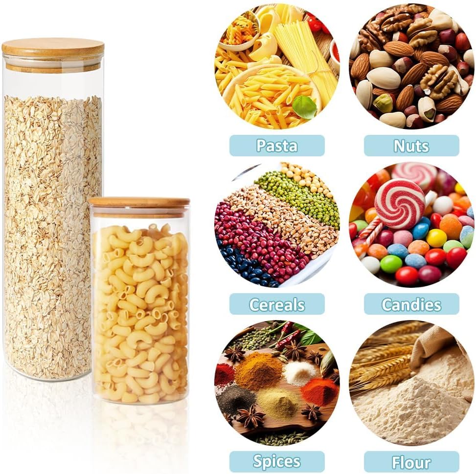 CARLA HOME 6 Pack Glass Storage Jars with Bamboo Lids for Kitchen Pantry, Pasta, Snacks, Cookies, Candy & More 8