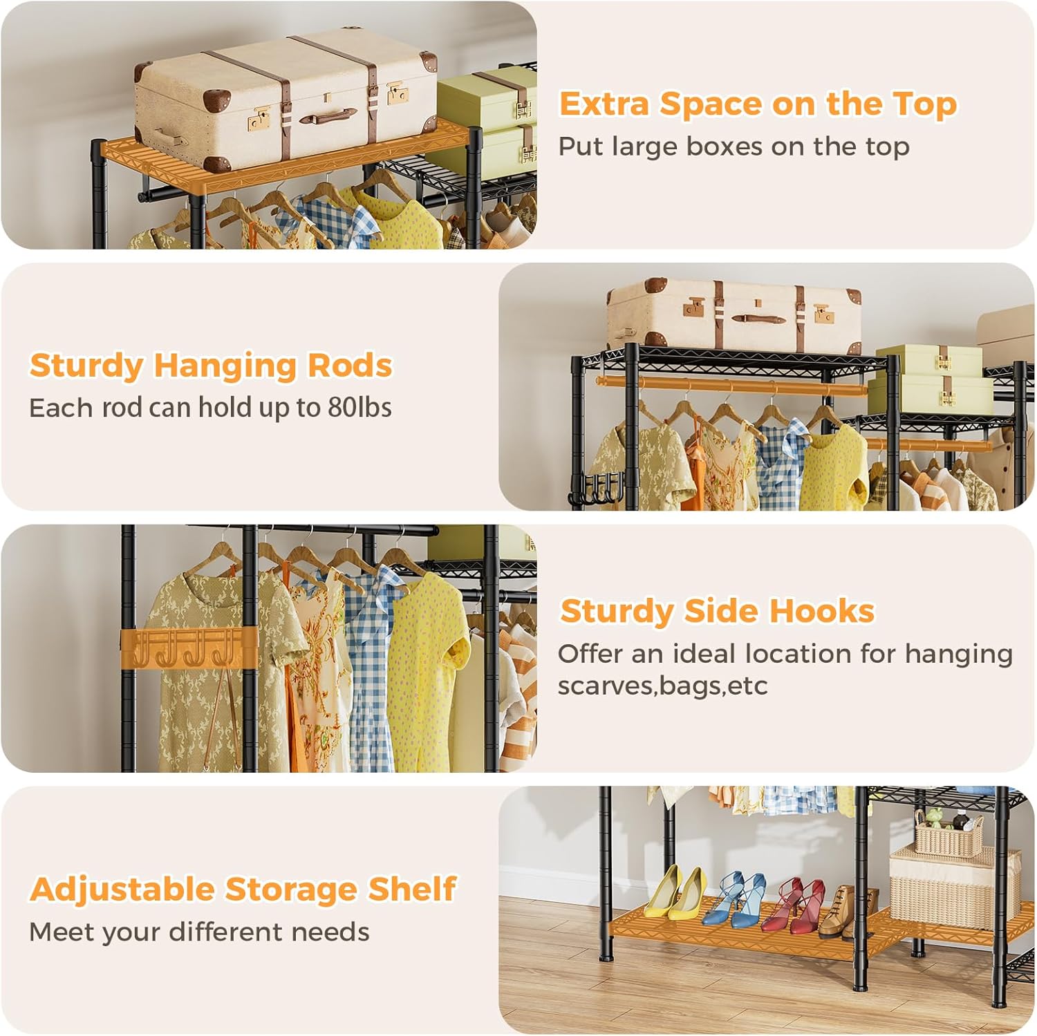 CARLA HOME Heavy Duty Clothing Garment Rack Organizer with Hanging Rods & Storage Shelves for Clothes, Shoes & Wardrobe 5