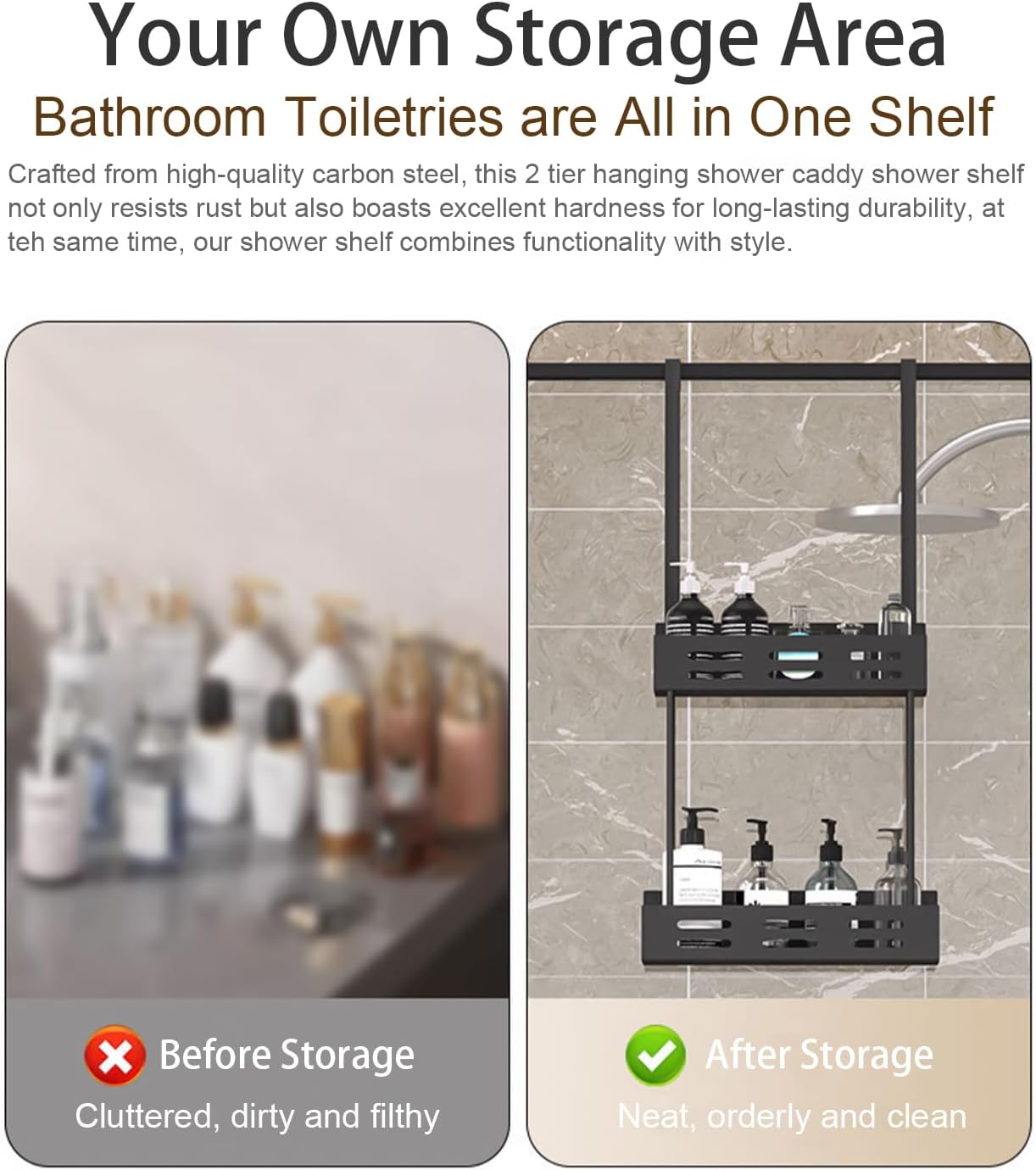 CARLA HOME Over the Door 2-tier Shower Caddy Organizer Shelf with Hooks for Bathroom 4