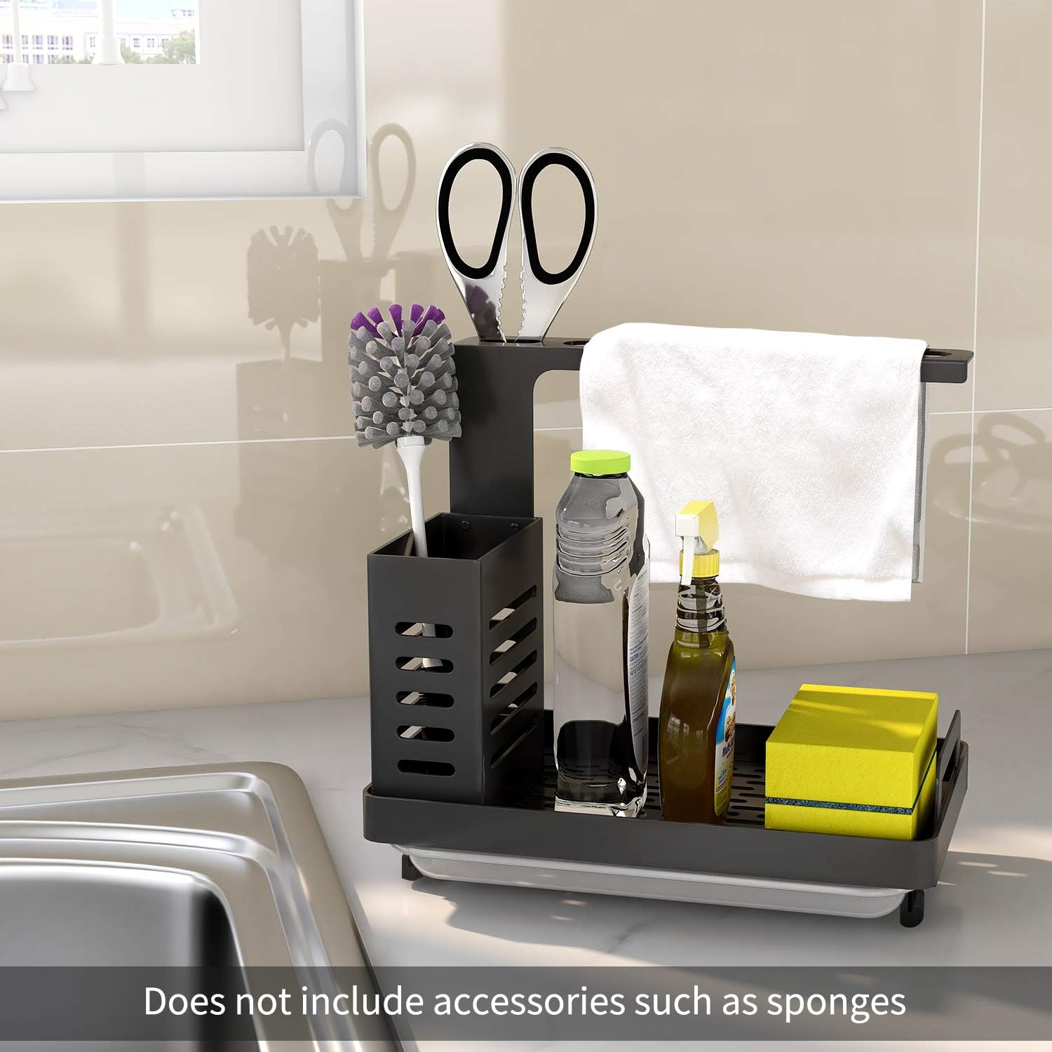 CARLA HOME Kitchen Sink Caddy Organizer with Sponge, Soap & Brush Storage and Rag Rack, Drain Tray & Utensil Holder 3