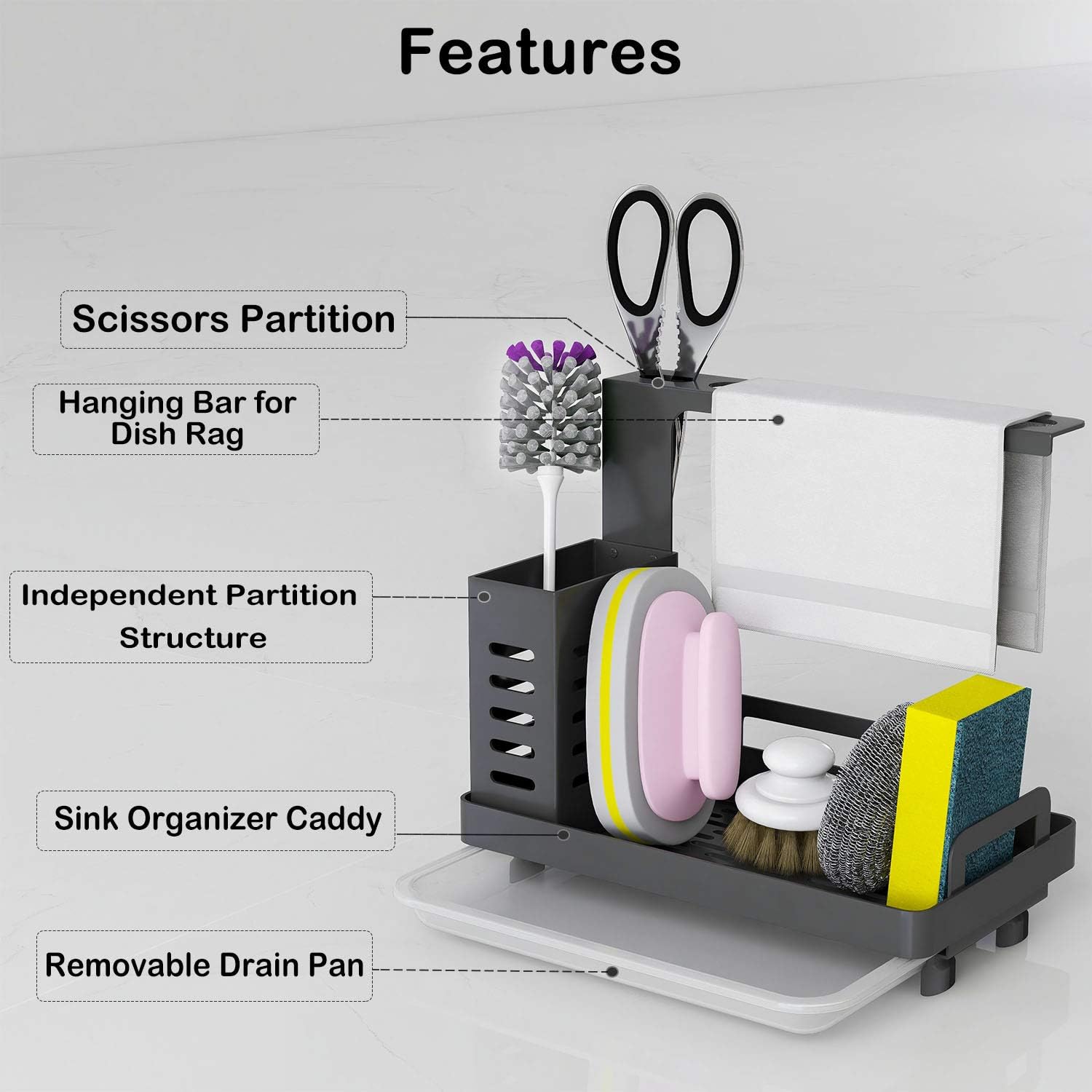 CARLA HOME Kitchen Sink Caddy Organizer with Sponge, Soap & Brush Storage and Rag Rack, Drain Tray & Utensil Holder 4