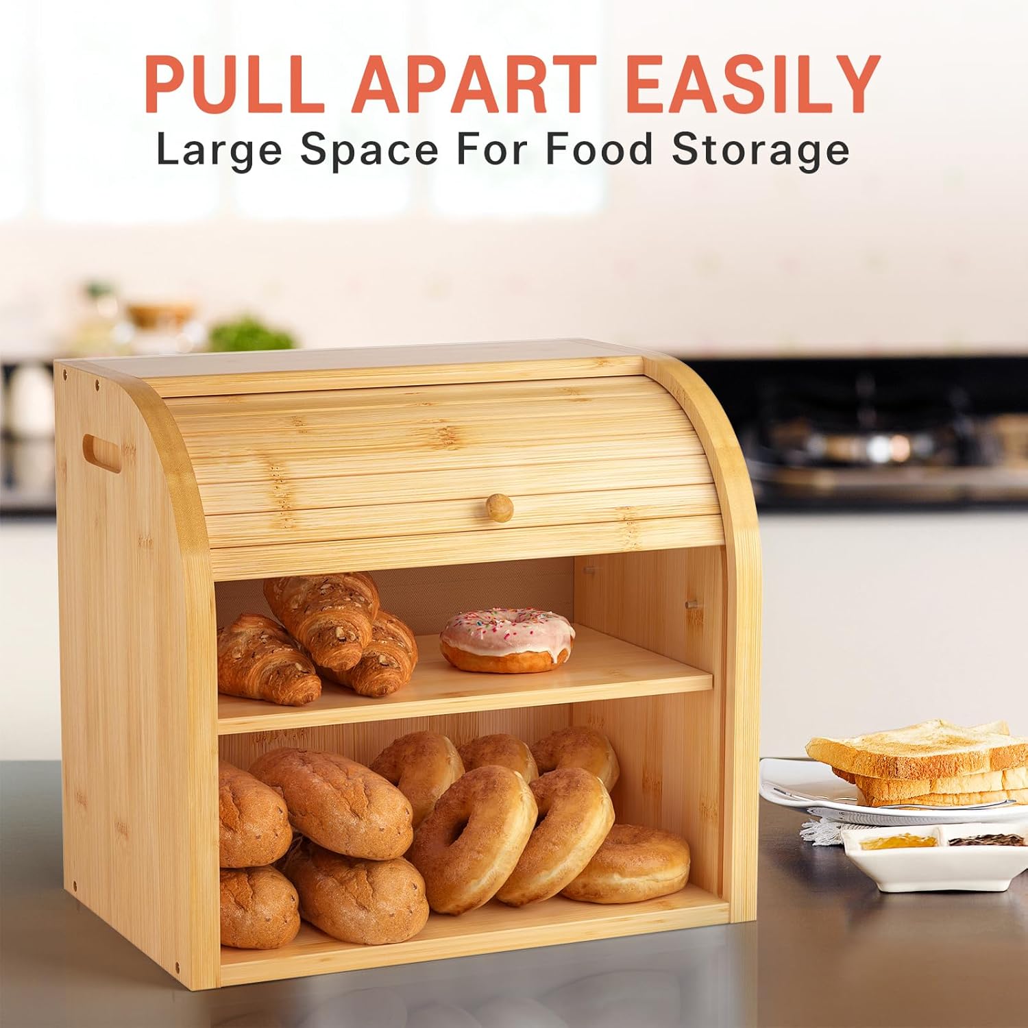 CARLA HOME Large Bamboo Bread Box Storage Organizer with Roll Top for Kitchen Counter 4