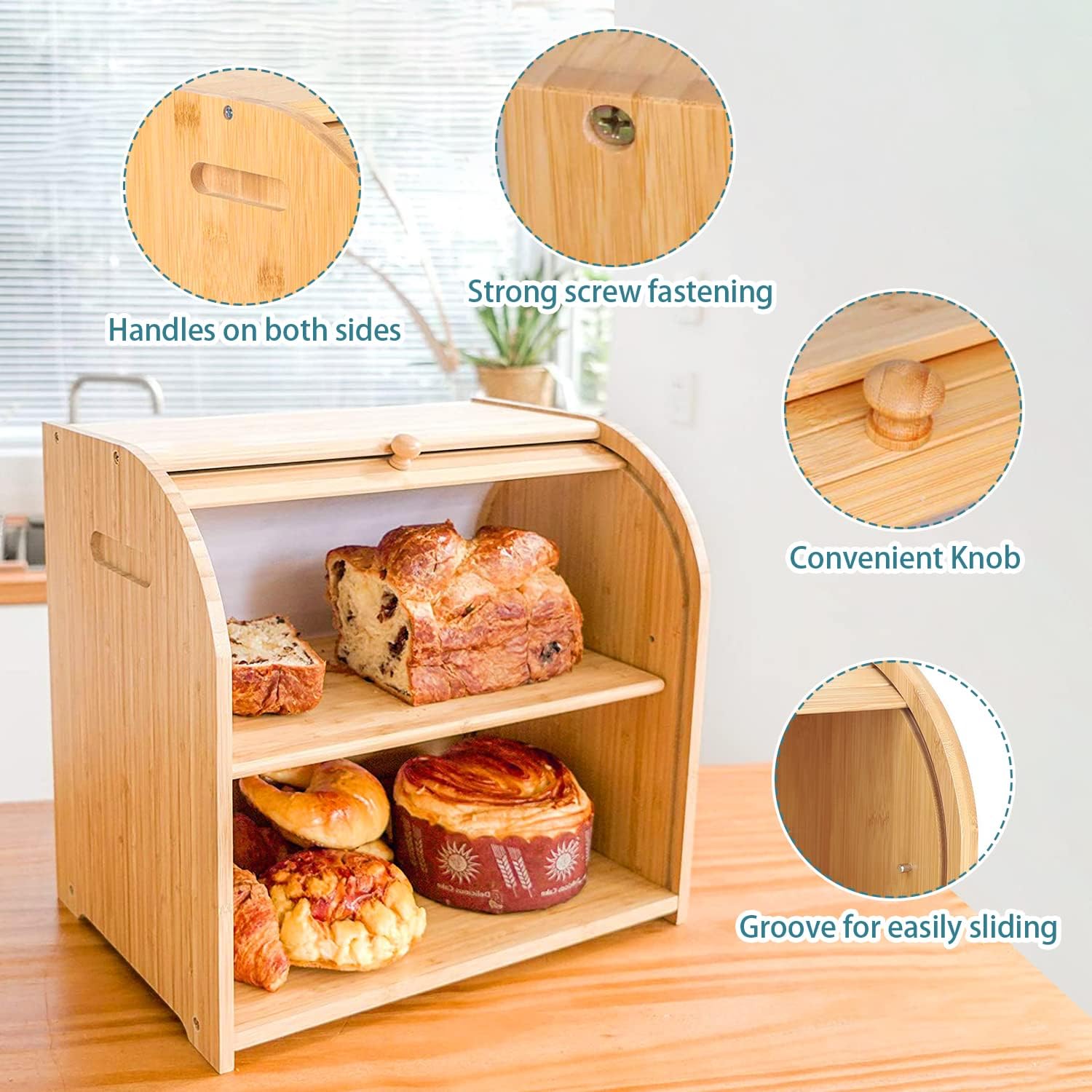 CARLA HOME Large Bamboo Bread Box Storage Organizer with Roll Top for Kitchen Counter 5