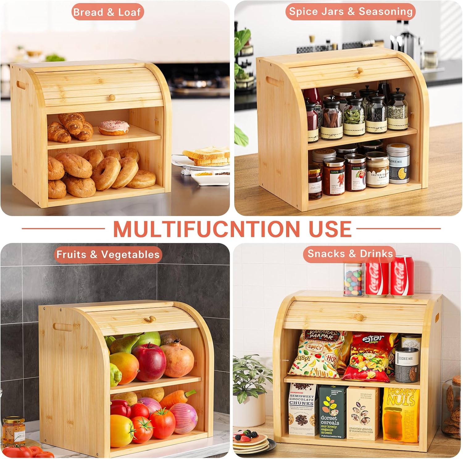 CARLA HOME Large Bamboo Bread Box Storage Organizer with Roll Top for Kitchen Counter 7
