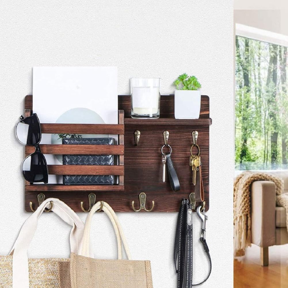 CARLA HOME Rustic Wood Wall Mounted Key and Mail Holder Organizer with Shelf, Letter Slot & 6 Hooks for Entryway Decor Home 3