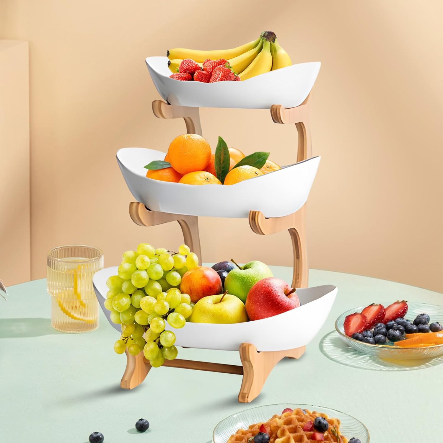 CARLA HOME 3-Tier Ceramic Fruit Bowl Basket with Bamboo Stand for Kitchen Counter, Snack Tray, Dessert Server & Vegetable Storage Rack