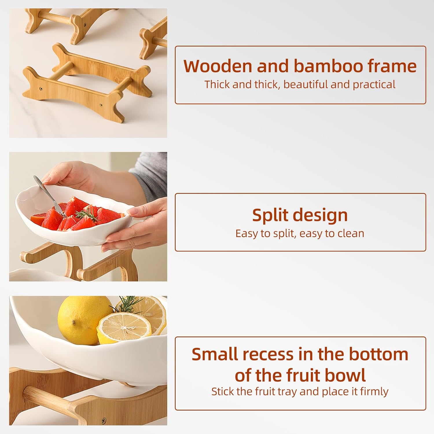 CARLA HOME 3-Tier Ceramic Fruit Bowl Basket with Bamboo Stand for Kitchen Counter, Snack Tray, Dessert Server & Vegetable Storage Rack 4