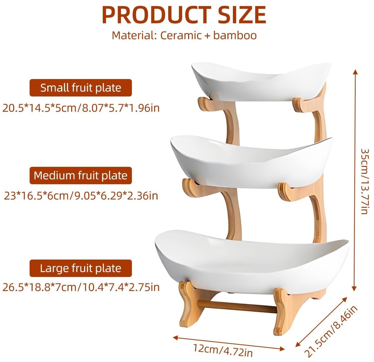 CARLA HOME 3-Tier Ceramic Fruit Bowl Basket with Bamboo Stand for Kitchen Counter, Snack Tray, Dessert Server & Vegetable Storage Rack 8