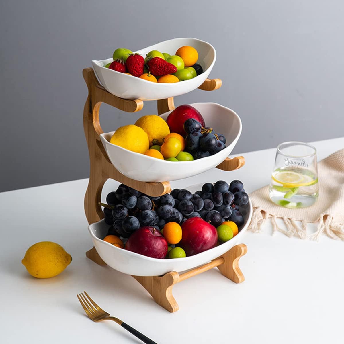 CARLA HOME 3-Tier Ceramic Fruit Bowl Basket with Bamboo Stand for Kitchen Counter, Snack Tray, Dessert Server & Vegetable Storage Rack 10