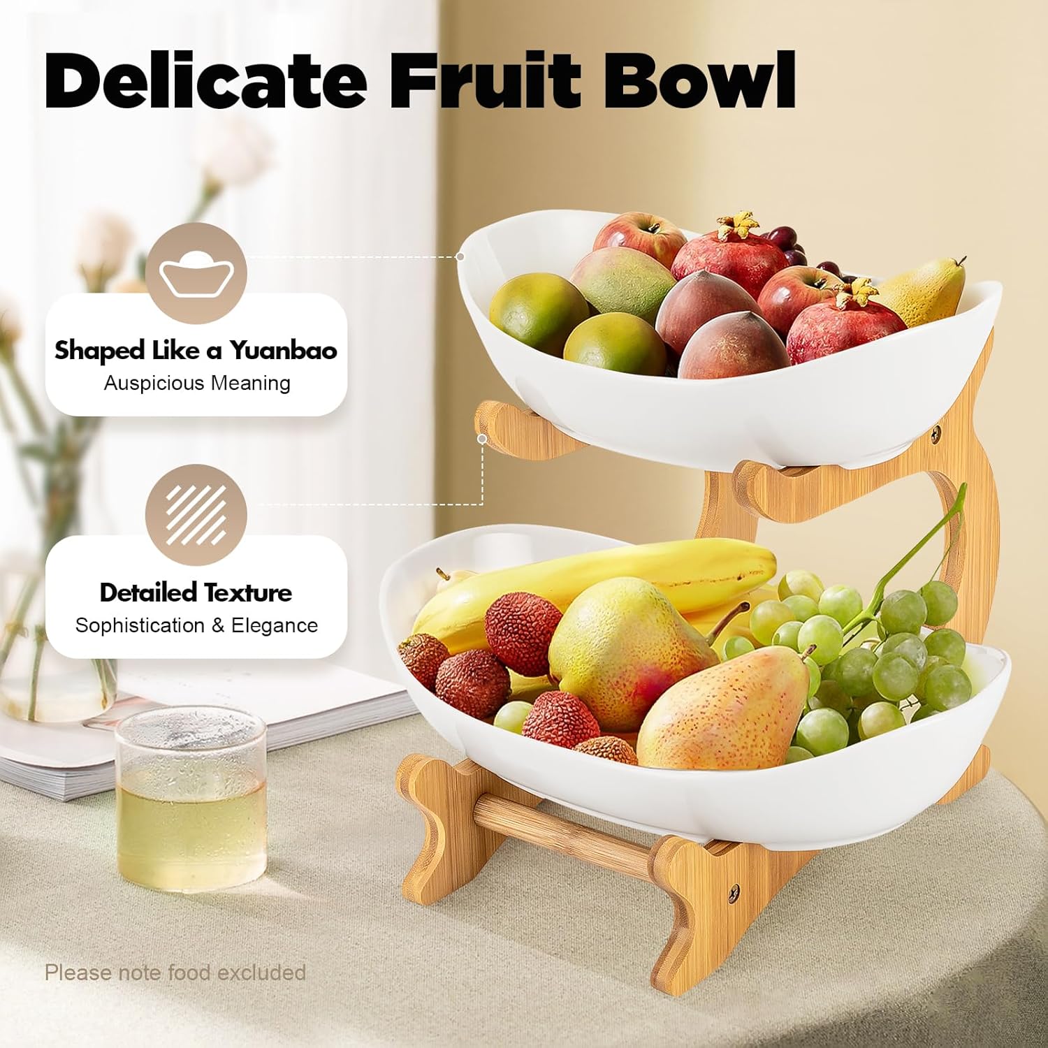 CARLA HOME 2-Tier Ceramic Fruit Bowl Basket with Bamboo Stand for Kitchen Counter, Snack Tray, Dessert Server & Vegetable Storage Rack 3