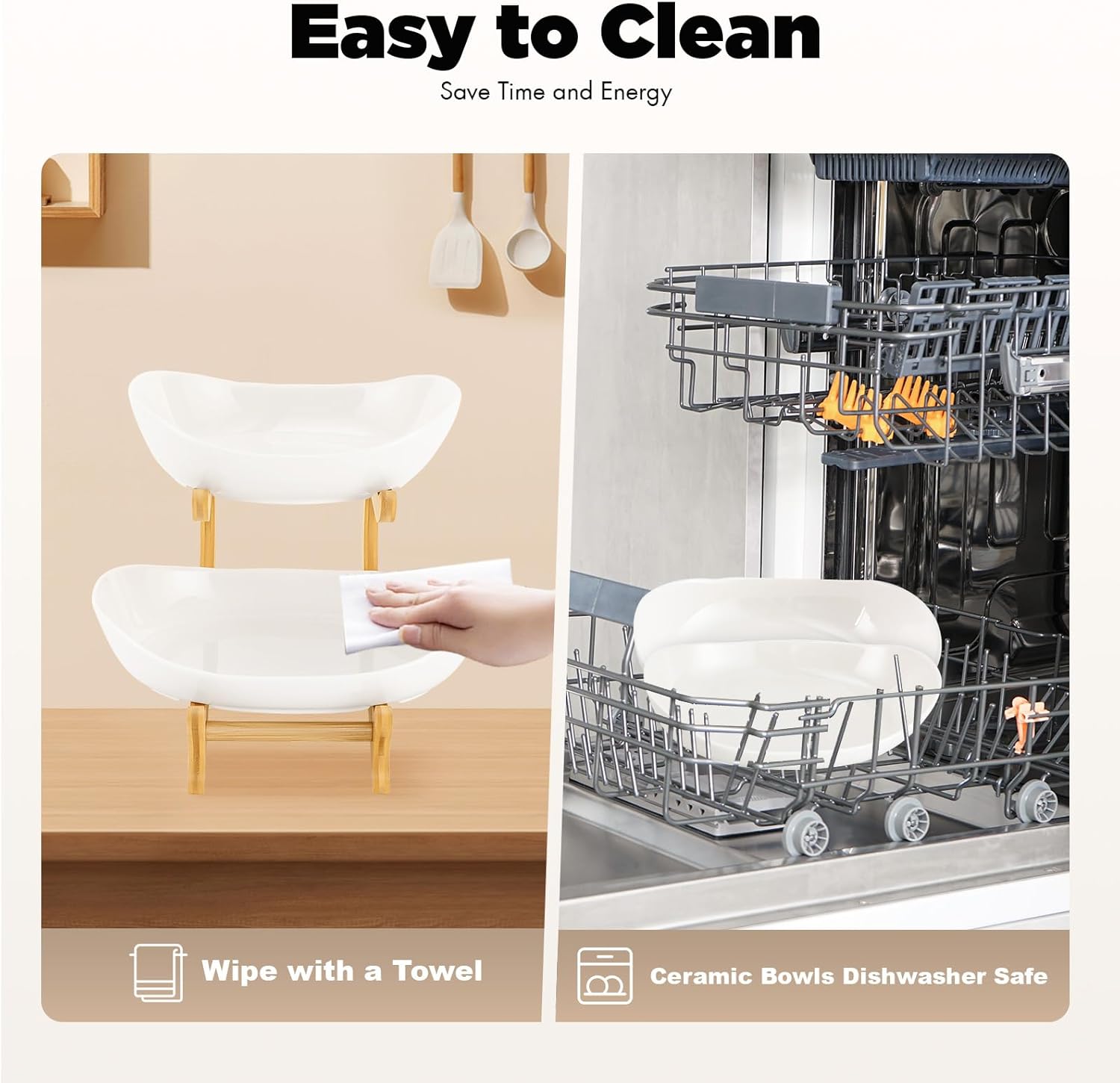 CARLA HOME 2-Tier Ceramic Fruit Bowl Basket with Bamboo Stand for Kitchen Counter, Snack Tray, Dessert Server & Vegetable Storage Rack 5