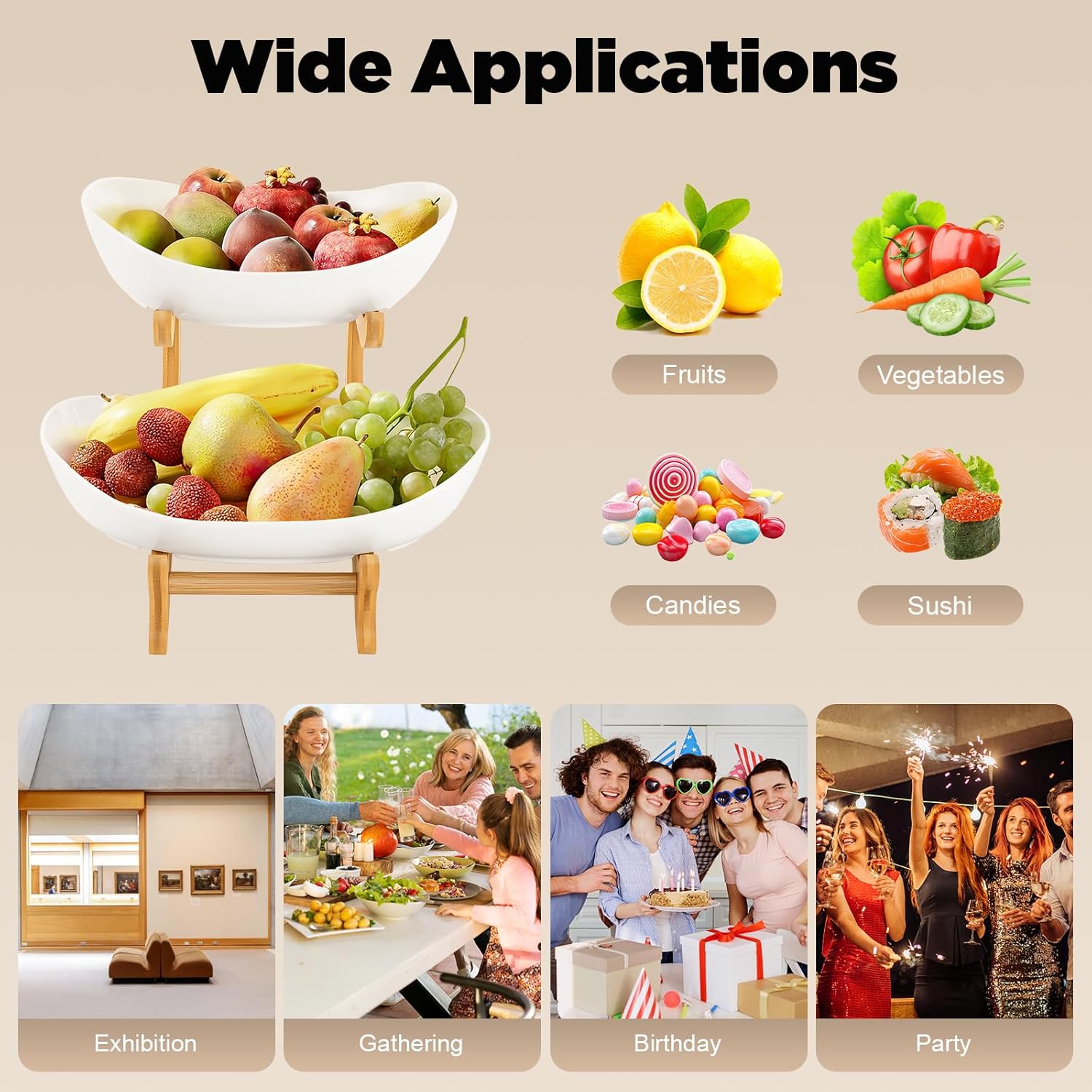 CARLA HOME 2-Tier Ceramic Fruit Bowl Basket with Bamboo Stand for Kitchen Counter, Snack Tray, Dessert Server & Vegetable Storage Rack 6