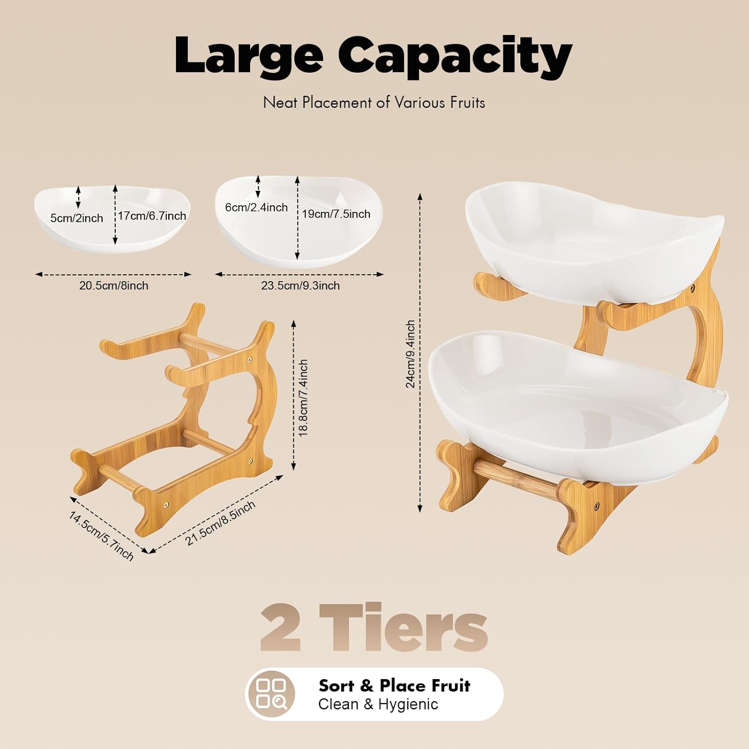 CARLA HOME 2-Tier Ceramic Fruit Bowl Basket with Bamboo Stand for Kitchen Counter, Snack Tray, Dessert Server & Vegetable Storage Rack 7