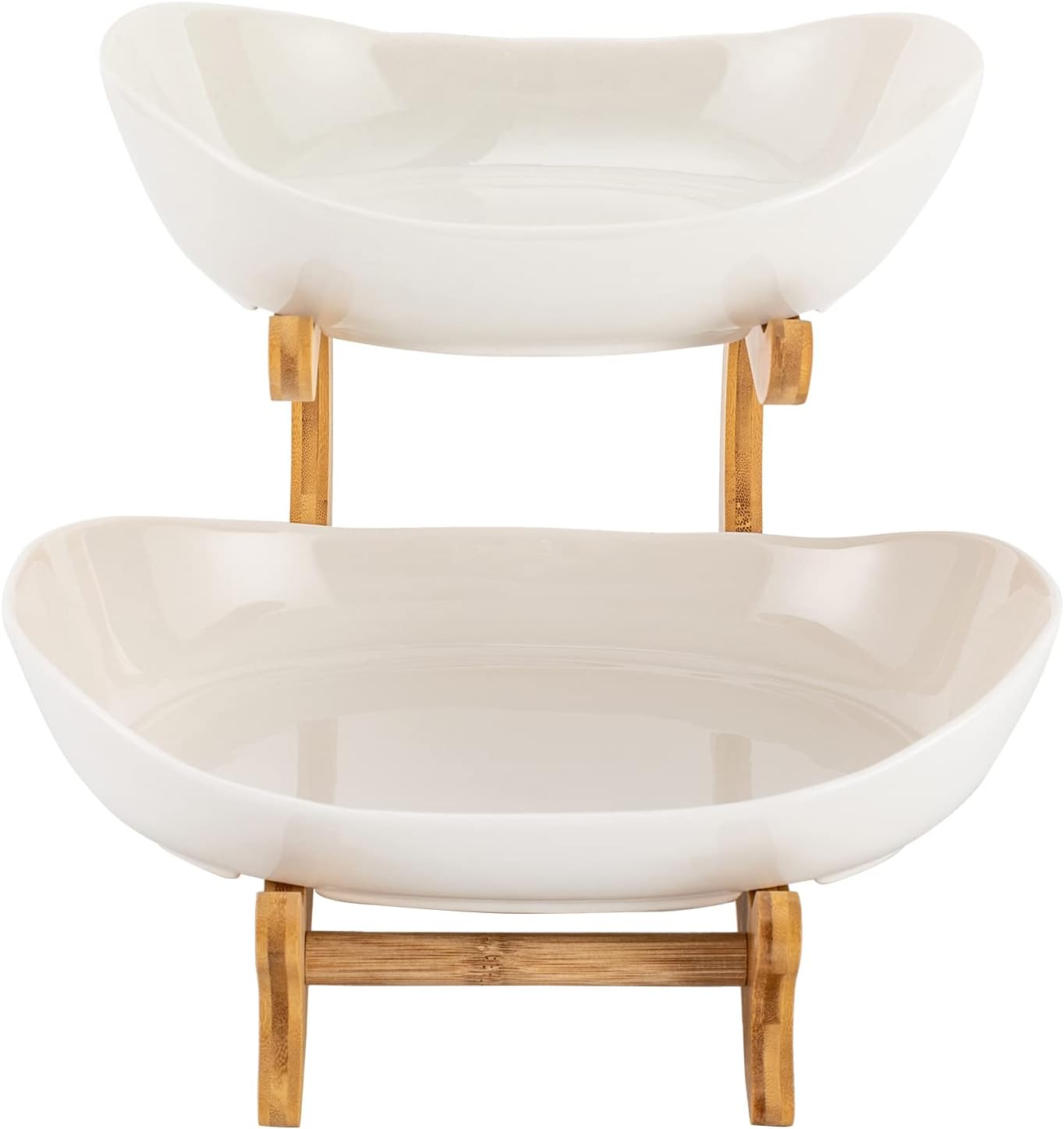 CARLA HOME 2-Tier Ceramic Fruit Bowl Basket with Bamboo Stand for Kitchen Counter, Snack Tray, Dessert Server & Vegetable Storage Rack 9