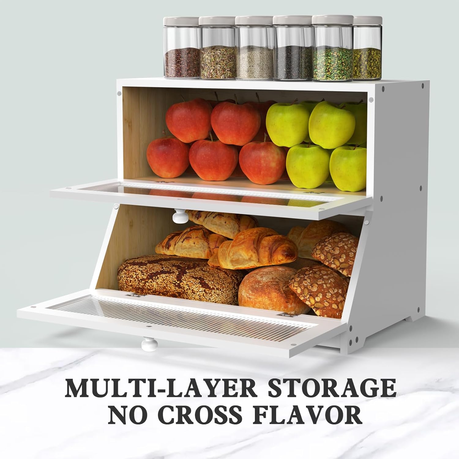 CARLA HOME Double Layer Bamboo Bread Box for Kitchen Counter - Large Capacity Bread Storage Container with Clear Window, Easy Assembly, Farmhouse Style Bread Holder (White) 6