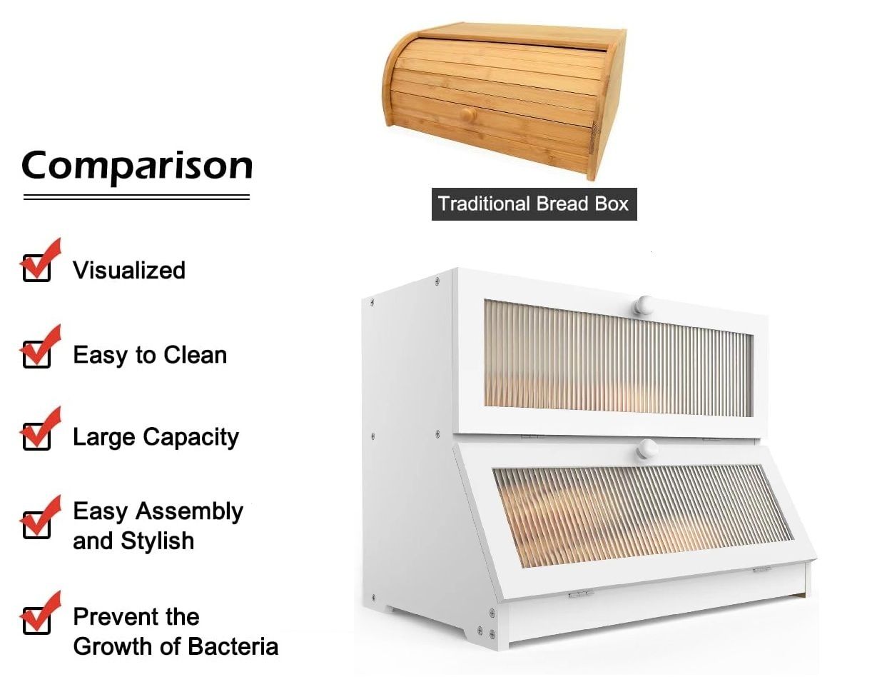 CARLA HOME Double Layer Bamboo Bread Box for Kitchen Counter - Large Capacity Bread Storage Container with Clear Window, Easy Assembly, Farmhouse Style Bread Holder (White) 8