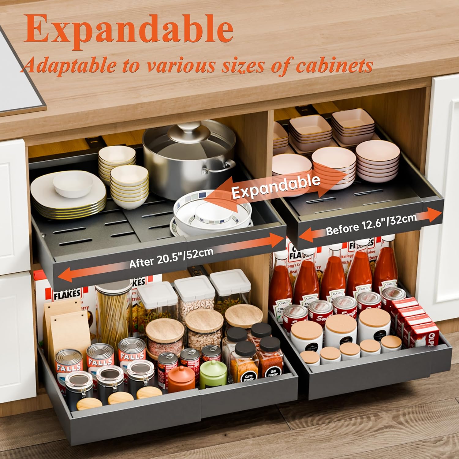 CARLA HOME 2 Pack Pull Out Cabinet Organizer Expandable for Cabinets with Adjustable Slide Out Shelves and Easy Installation (Grey) 3