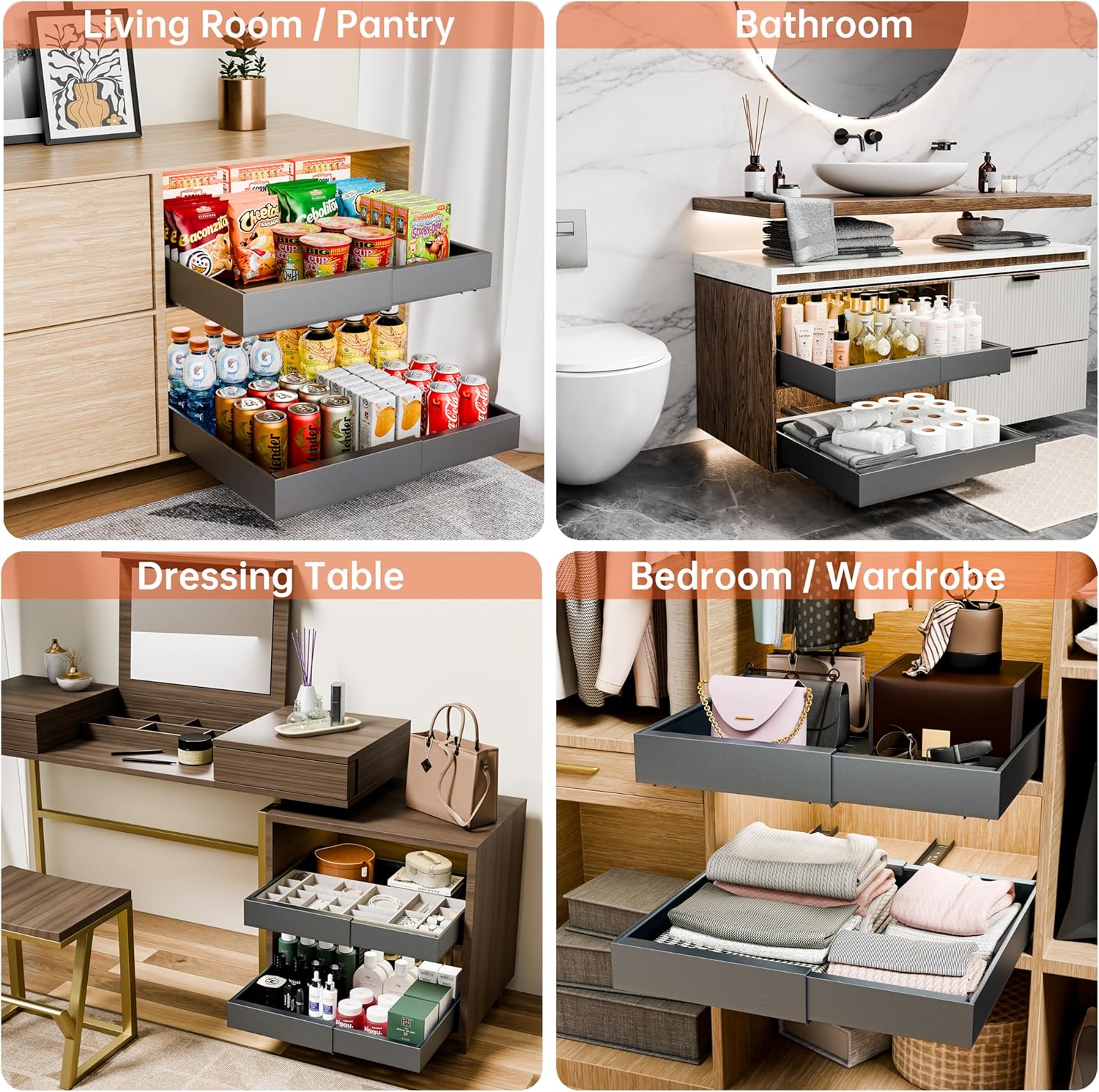 CARLA HOME 2 Pack Pull Out Cabinet Organizer Expandable for Cabinets with Adjustable Slide Out Shelves and Easy Installation (Grey) 5