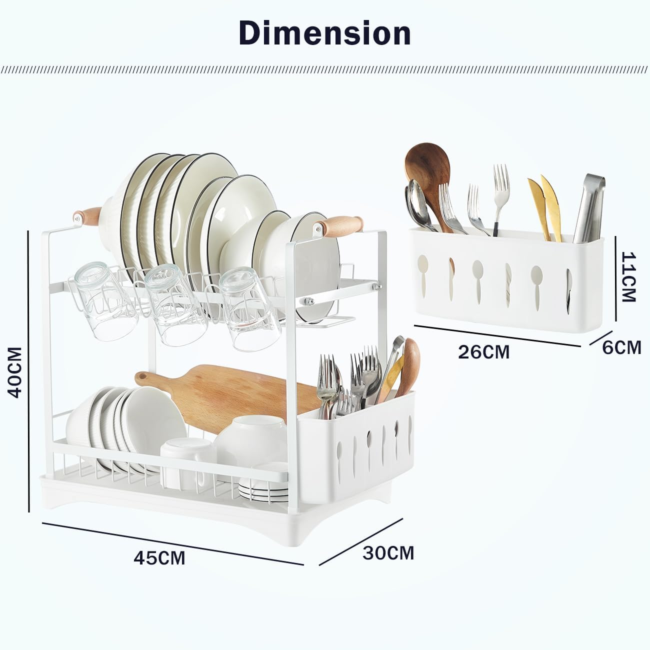 CARLA HOME 2-Tier Large Dish Drying Rack with Drainboard, Utensil Holder, Glass Hooks & Cutlery Storage (White) 3