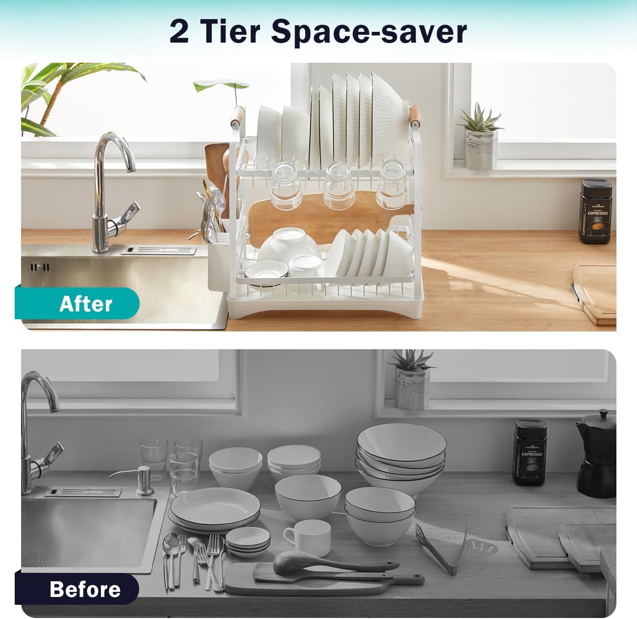 CARLA HOME 2-Tier Large Dish Drying Rack with Drainboard, Utensil Holder, Glass Hooks & Cutlery Storage (White) 4