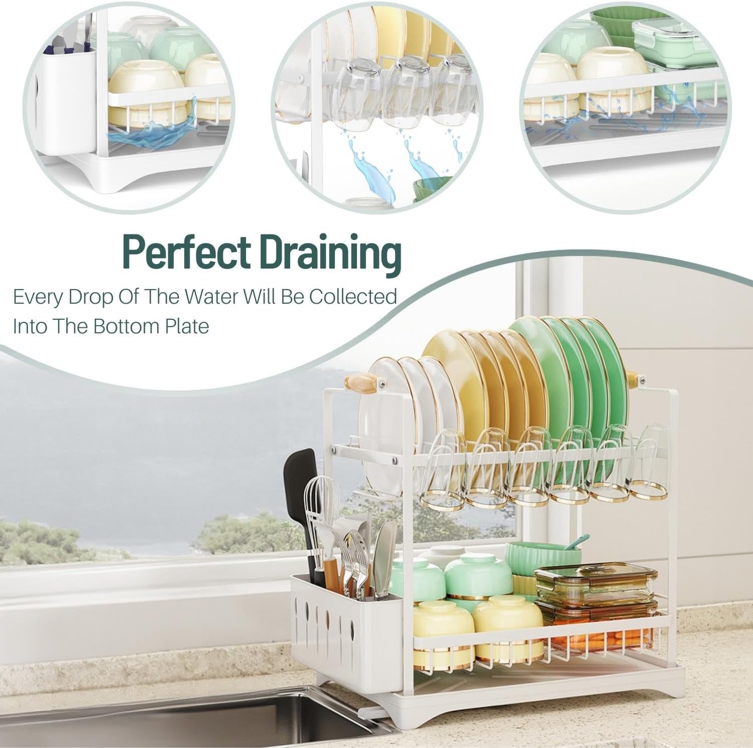 CARLA HOME 2-Tier Large Dish Drying Rack with Drainboard, Utensil Holder, Glass Hooks & Cutlery Storage (White) 5