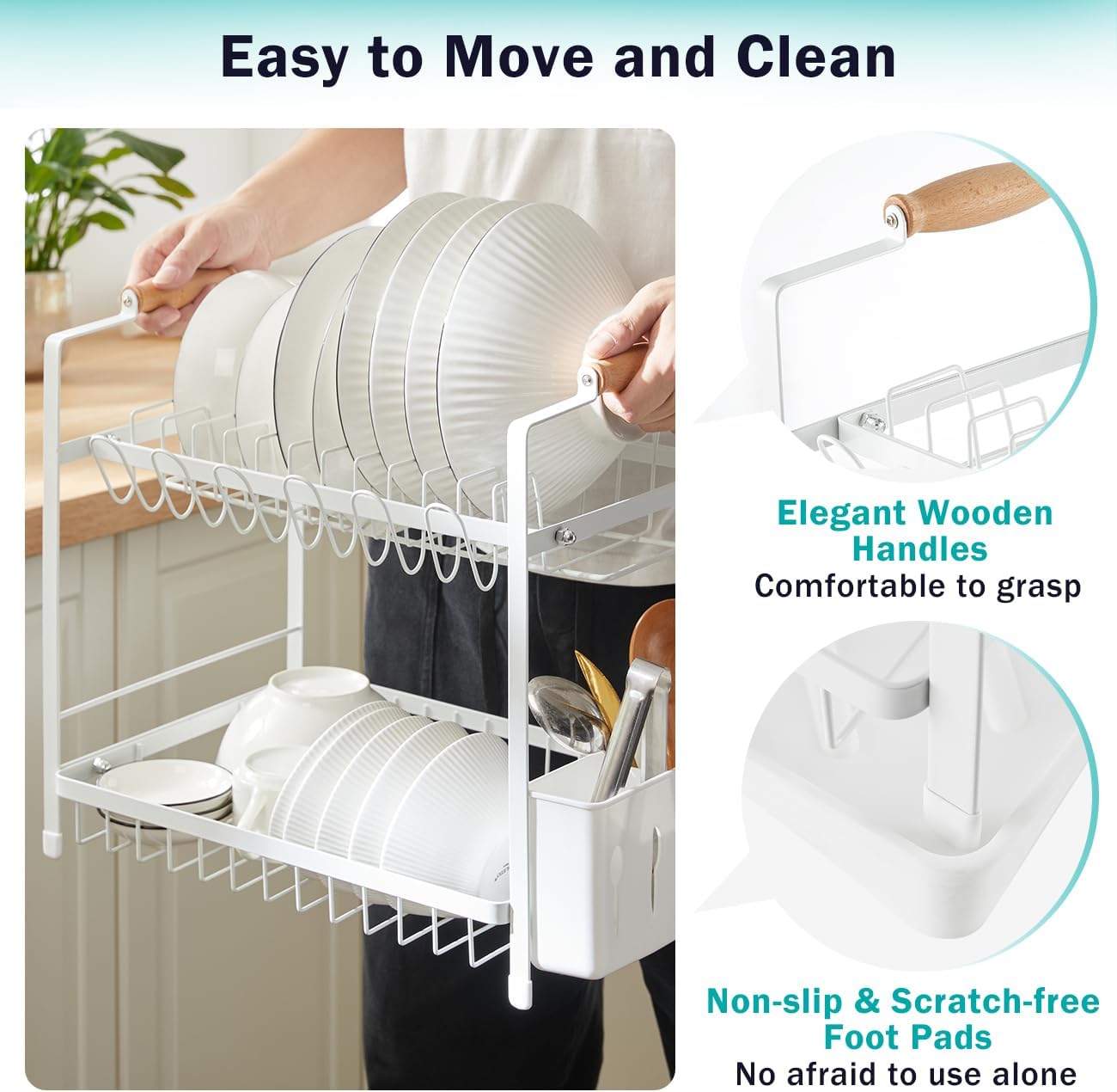 CARLA HOME 2-Tier Large Dish Drying Rack with Drainboard, Utensil Holder, Glass Hooks & Cutlery Storage (White) 8