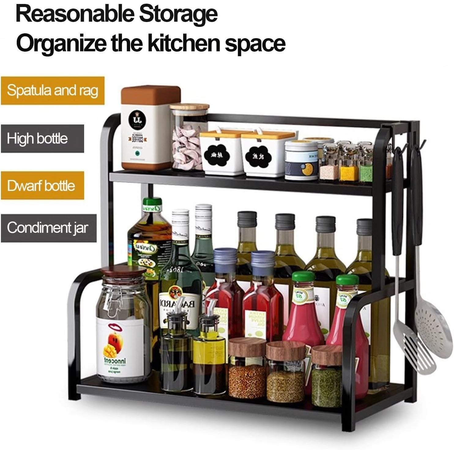 CARLA HOME 2-Tier Wooden Kitchen Countertop Spice Rack for Storage of Condiments, Oils, Jars & Seasoning Bottles 4