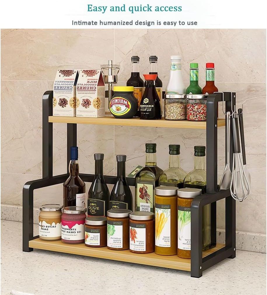 CARLA HOME 2-Tier Wooden Kitchen Countertop Spice Rack for Storage of Condiments, Oils, Jars & Seasoning Bottles 5
