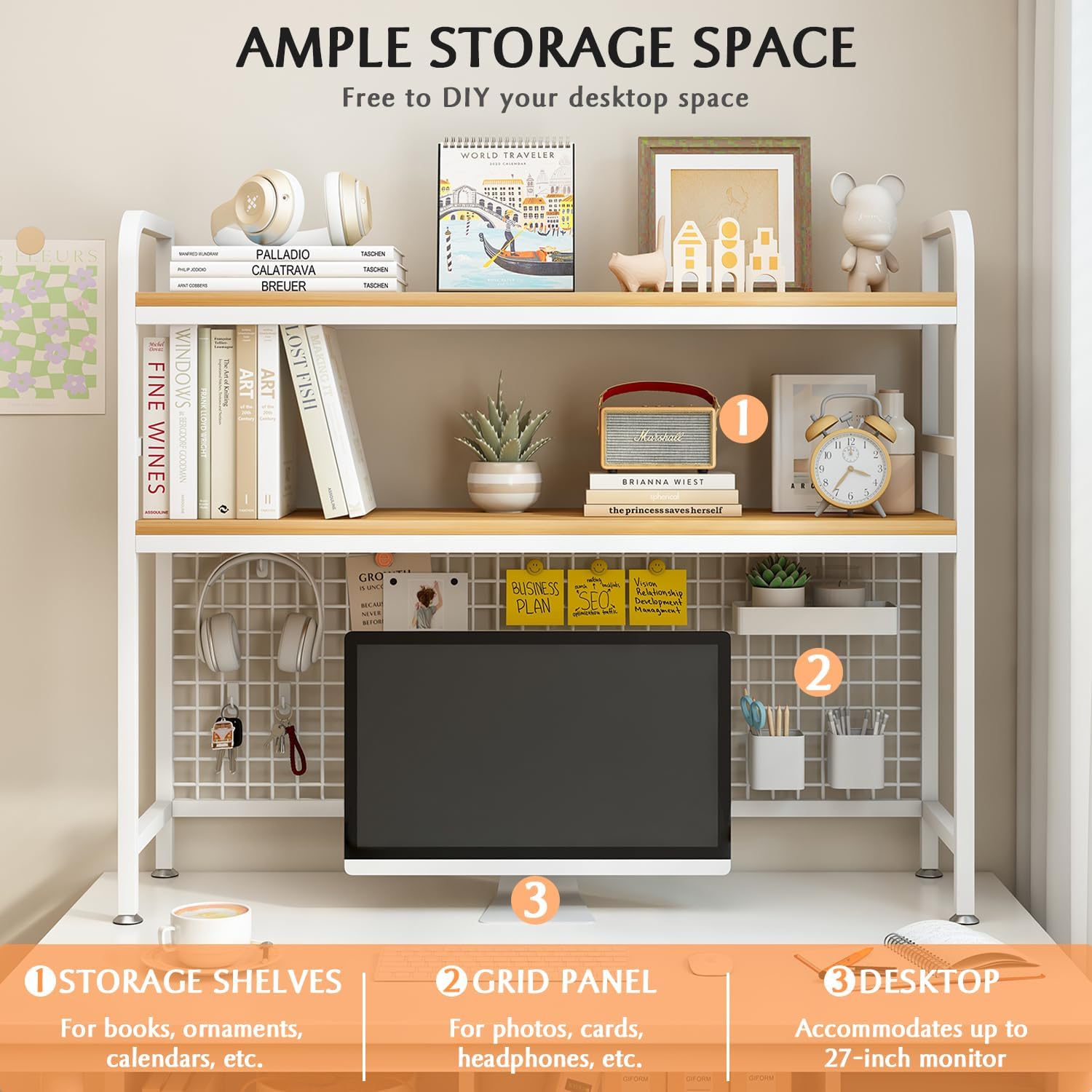 CARLA HOME  2-Tier Metal Desktop Hutch Bookshelf with Grid Panel for Computer Desk and Office Countertop 3