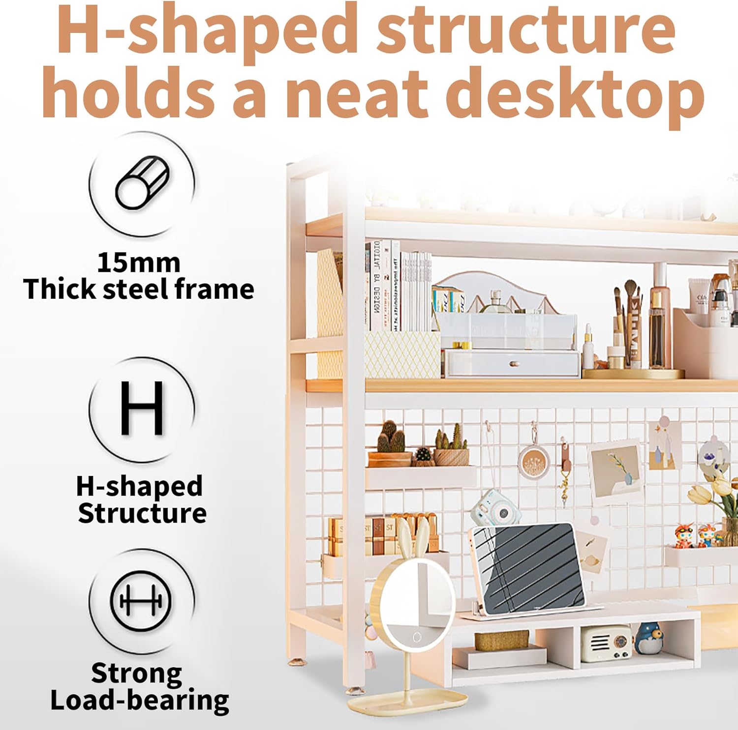 CARLA HOME  2-Tier Metal Desktop Hutch Bookshelf with Grid Panel for Computer Desk and Office Countertop 6