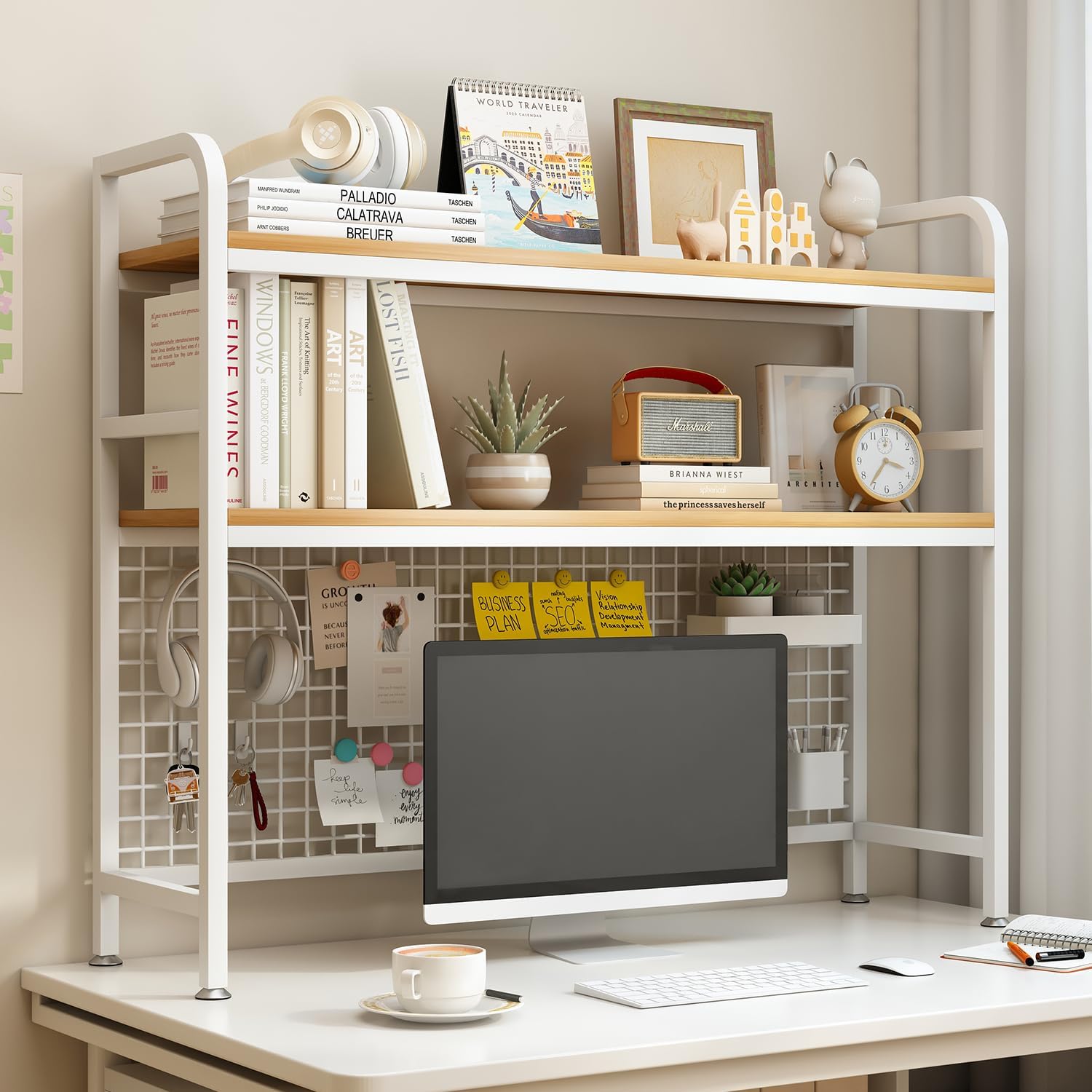 CARLA HOME  2-Tier Metal Desktop Hutch Bookshelf with Grid Panel for Computer Desk and Office Countertop 9