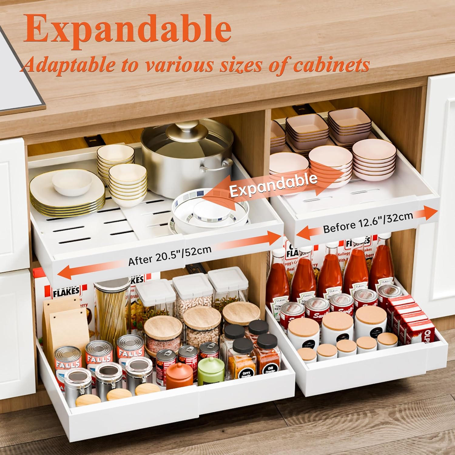 CARLA HOME 2 Pack Pull Out Cabinet Organizer Expandable for Cabinets with Adjustable Slide Out Shelves and Easy Installation (White) 3