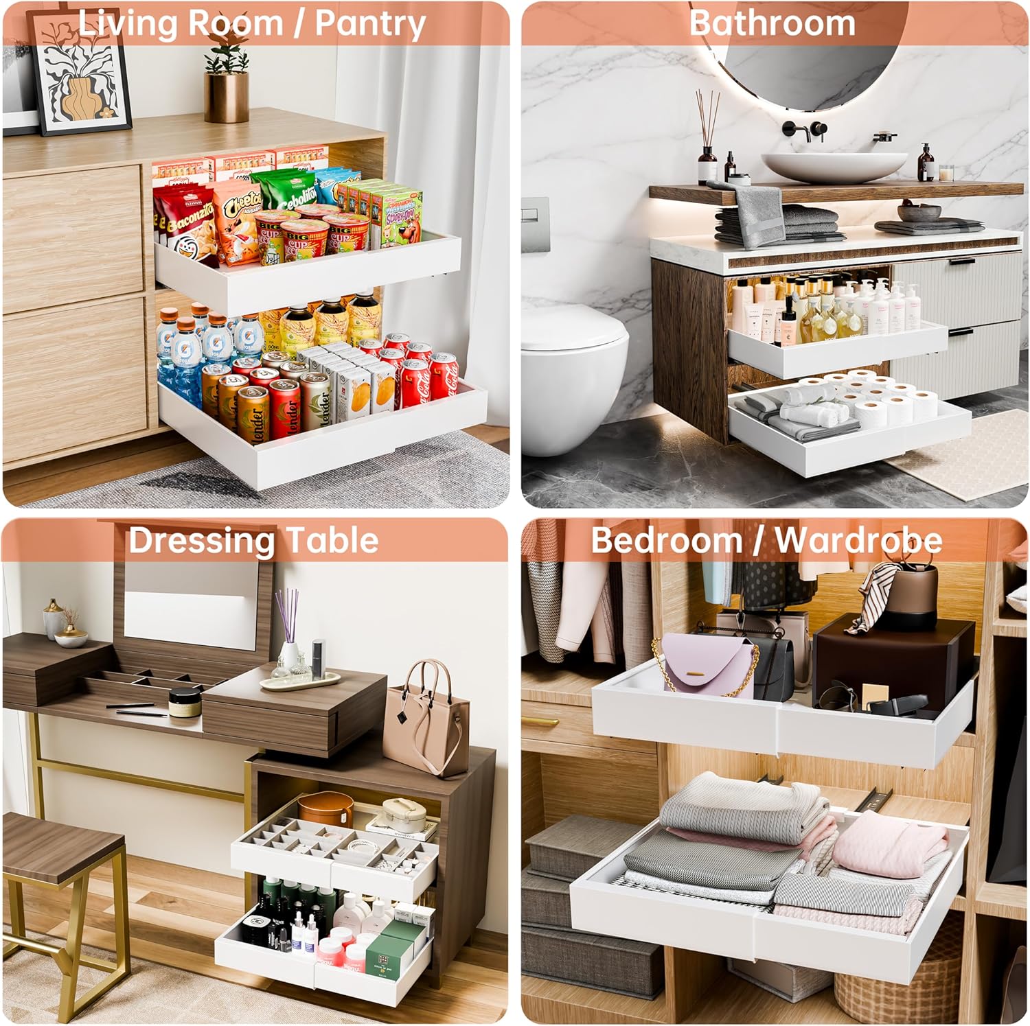 CARLA HOME 2 Pack Pull Out Cabinet Organizer Expandable for Cabinets with Adjustable Slide Out Shelves and Easy Installation (White) 5