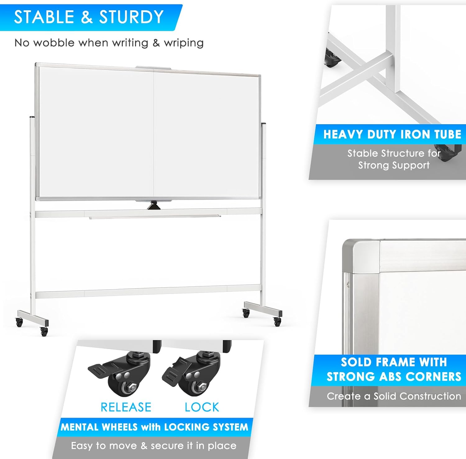 CARLA HOME Double-Sided Magnetic Whiteboard 120x90cm with Wheels, Reversible Design for School, Office & Home 4