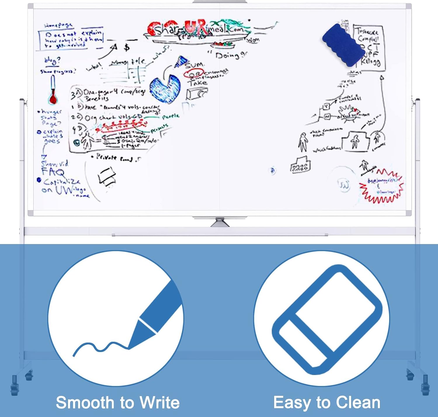 CARLA HOME Double-Sided Magnetic Whiteboard 120x90cm with Wheels, Reversible Design for School, Office & Home 6