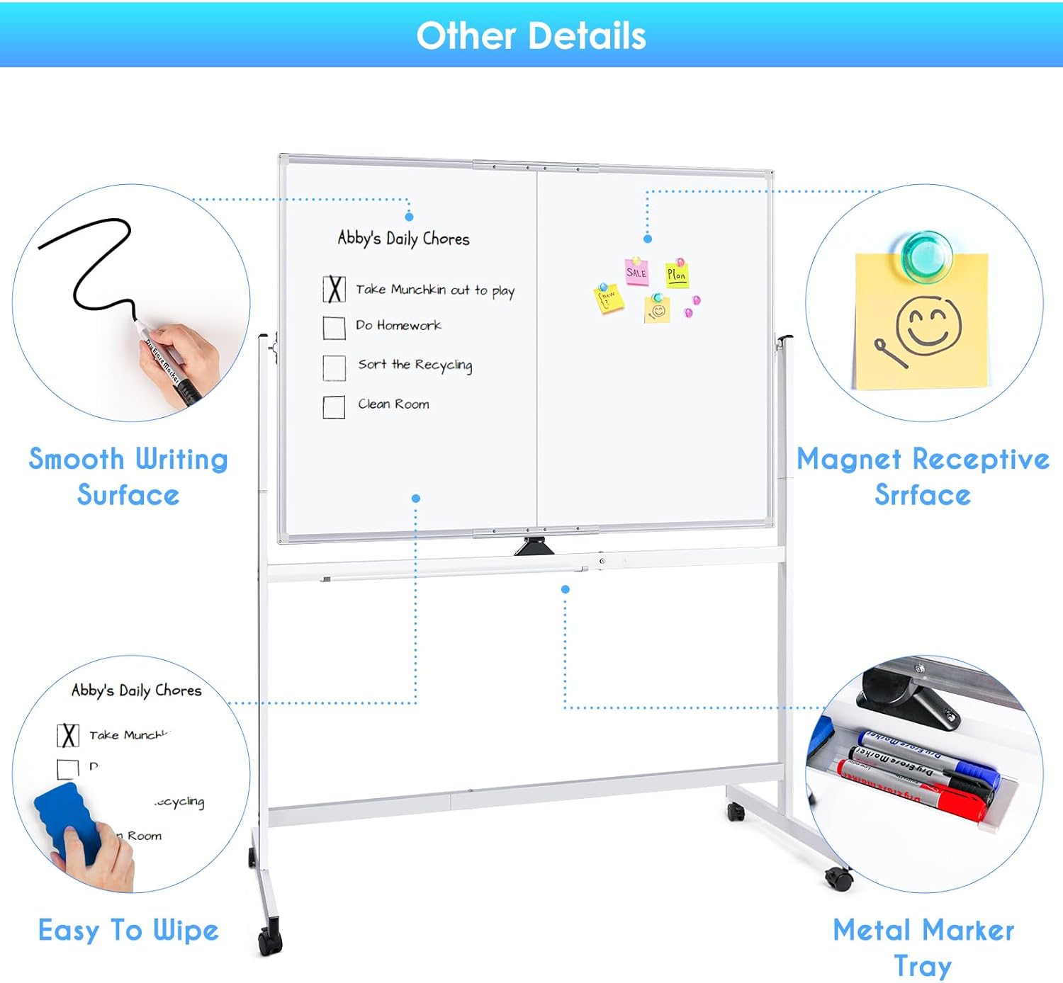 CARLA HOME Double-Sided Magnetic Whiteboard 120x90cm with Wheels, Reversible Design for School, Office & Home 10