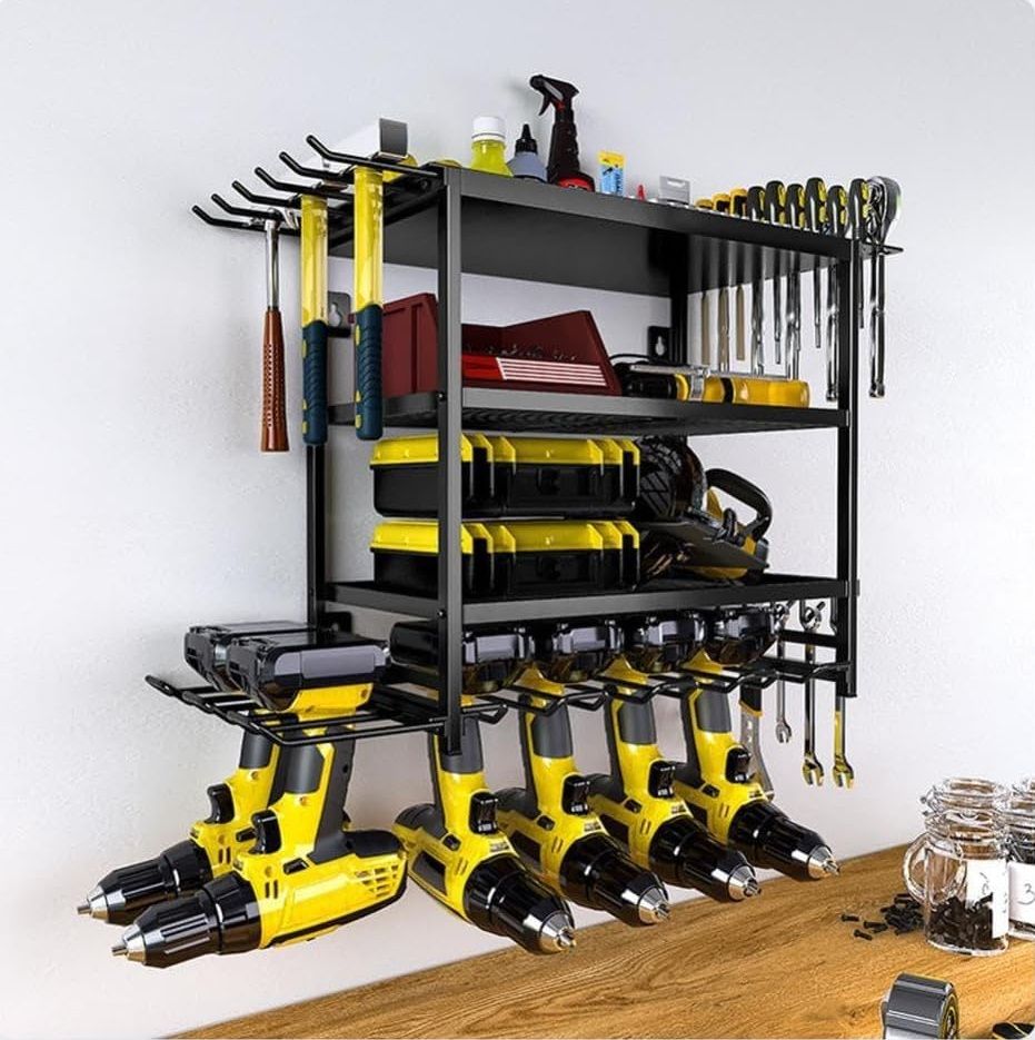 CARLA HOME 4-Tier Power Tool Rack Organizer Wall Mount with Drill Holder & Wrench Hooks for Cordless Tools & Workshop Organization