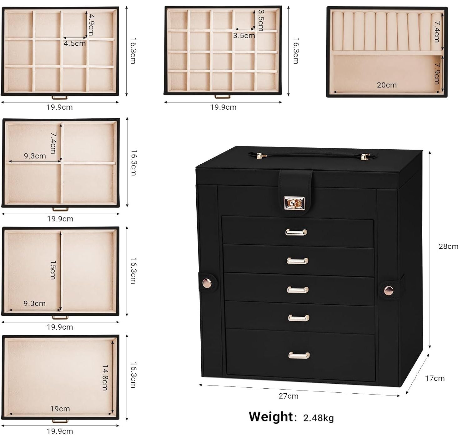 CARLA HOME 6-Layer Large Jewelry Box for Women withDrawers, Mirror, Lock, Necklace Hooks & Side Compartments for Rings, Earrings, Bracelets, Gifts (Black) 3