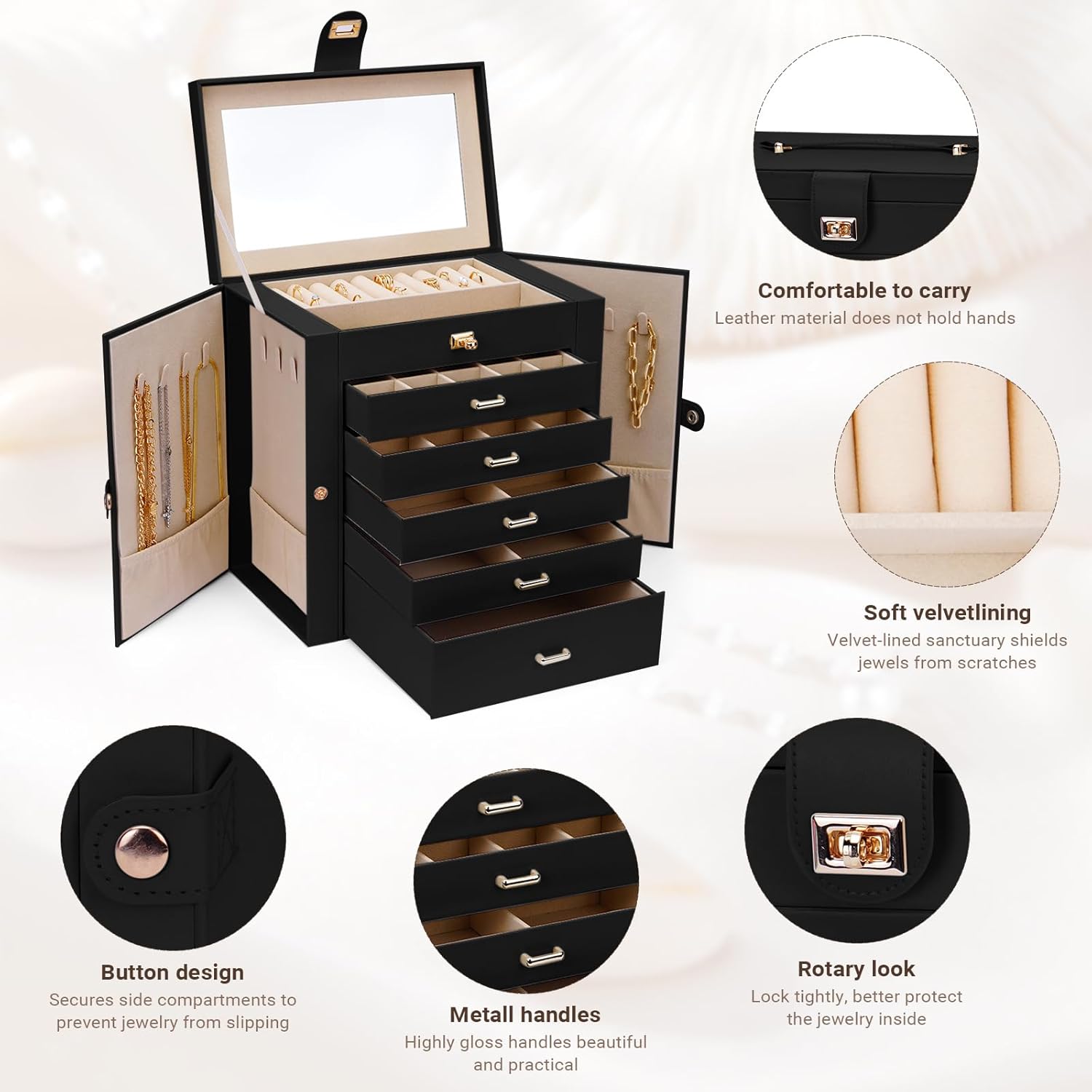 CARLA HOME 6-Layer Large Jewelry Box for Women withDrawers, Mirror, Lock, Necklace Hooks & Side Compartments for Rings, Earrings, Bracelets, Gifts (Black) 5