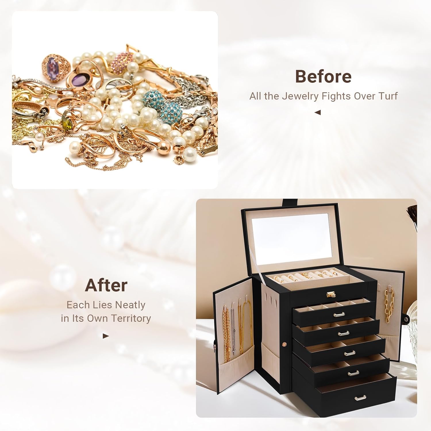 CARLA HOME 6-Layer Large Jewelry Box for Women withDrawers, Mirror, Lock, Necklace Hooks & Side Compartments for Rings, Earrings, Bracelets, Gifts (Black) 6