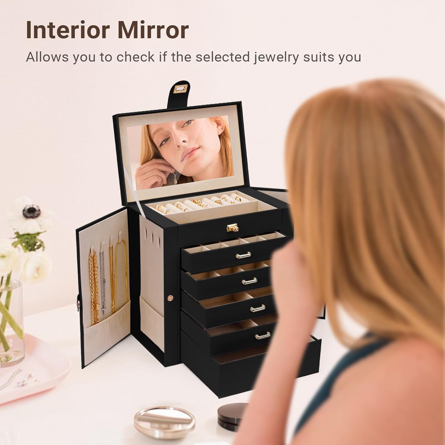 CARLA HOME 6-Layer Large Jewelry Box for Women withDrawers, Mirror, Lock, Necklace Hooks & Side Compartments for Rings, Earrings, Bracelets, Gifts (Black) 7