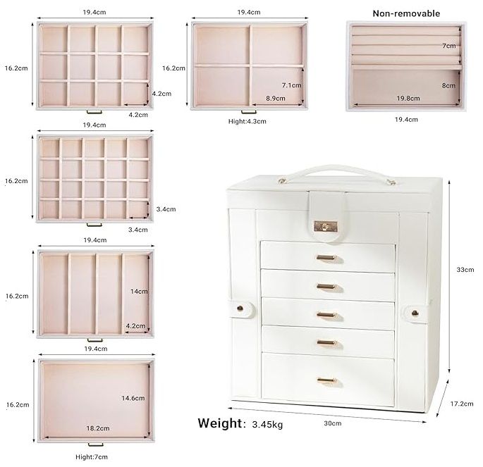 CARLA HOME 6-Layer Large Jewelry Box for Women withDrawers, Mirror, Lock, Necklace Hooks & Side Compartments for Rings, Earrings, Bracelets, Gifts (White) 3