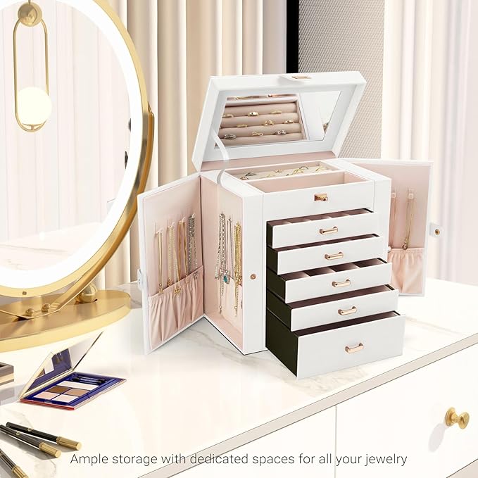 CARLA HOME 6-Layer Large Jewelry Box for Women withDrawers, Mirror, Lock, Necklace Hooks & Side Compartments for Rings, Earrings, Bracelets, Gifts (White) 4