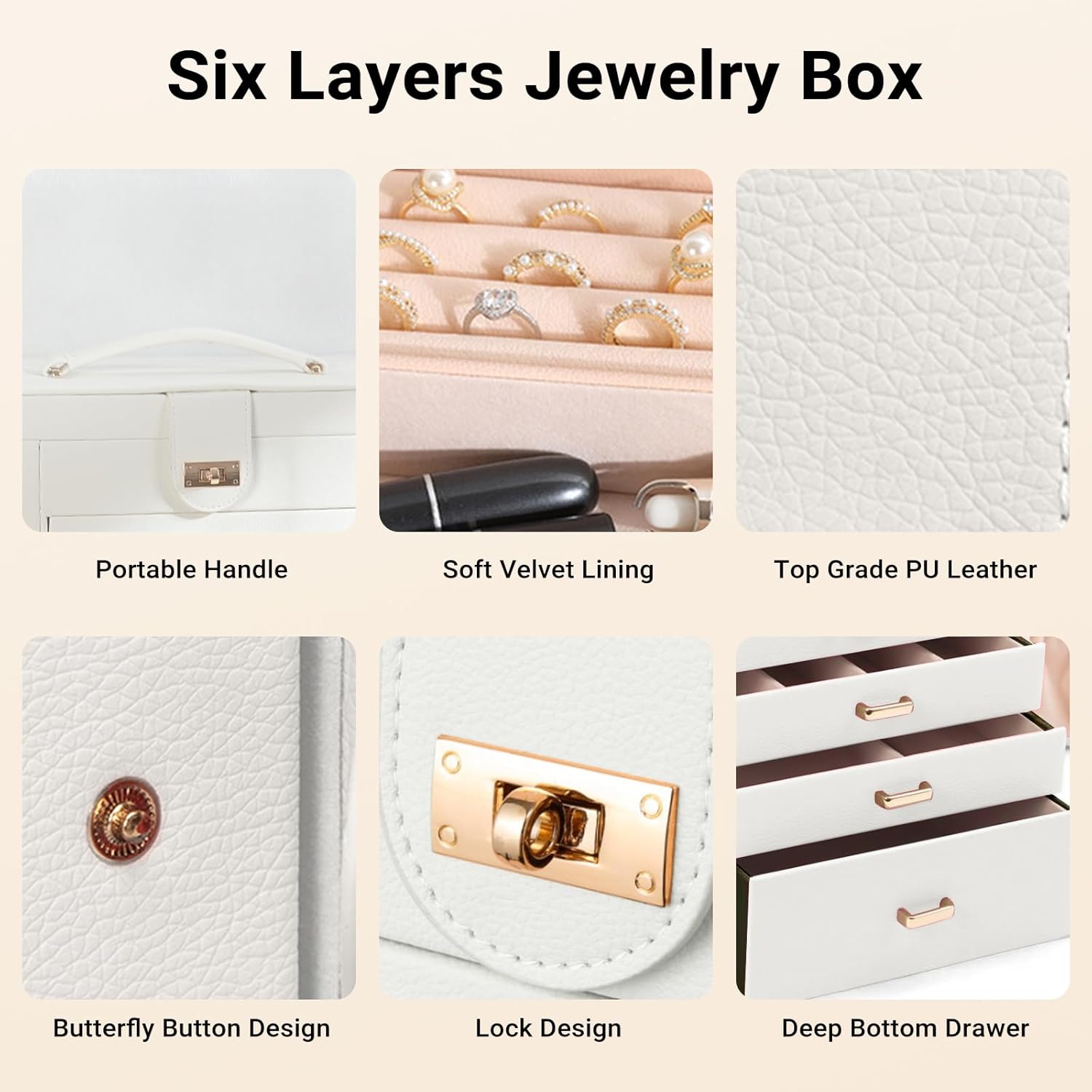 CARLA HOME 6-Layer Large Jewelry Box for Women withDrawers, Mirror, Lock, Necklace Hooks & Side Compartments for Rings, Earrings, Bracelets, Gifts (White) 5
