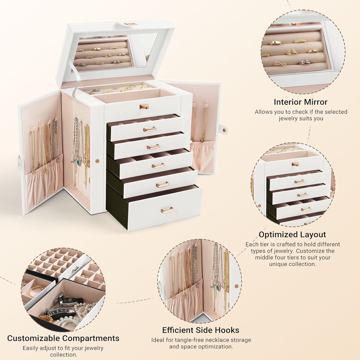 CARLA HOME 6-Layer Large Jewelry Box for Women withDrawers, Mirror, Lock, Necklace Hooks & Side Compartments for Rings, Earrings, Bracelets, Gifts (White) 6