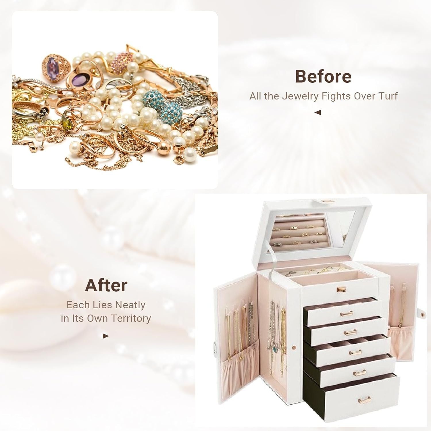 CARLA HOME 6-Layer Large Jewelry Box for Women withDrawers, Mirror, Lock, Necklace Hooks & Side Compartments for Rings, Earrings, Bracelets, Gifts (White) 7