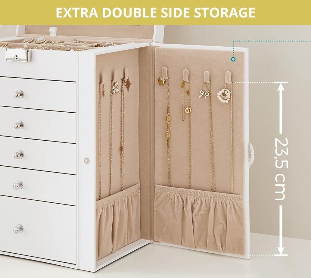 CARLA HOME 6-Layer Large Jewelry Box for Women withDrawers, Mirror, Lock, Necklace Hooks & Side Compartments for Rings, Earrings, Bracelets, Gifts (White) 8