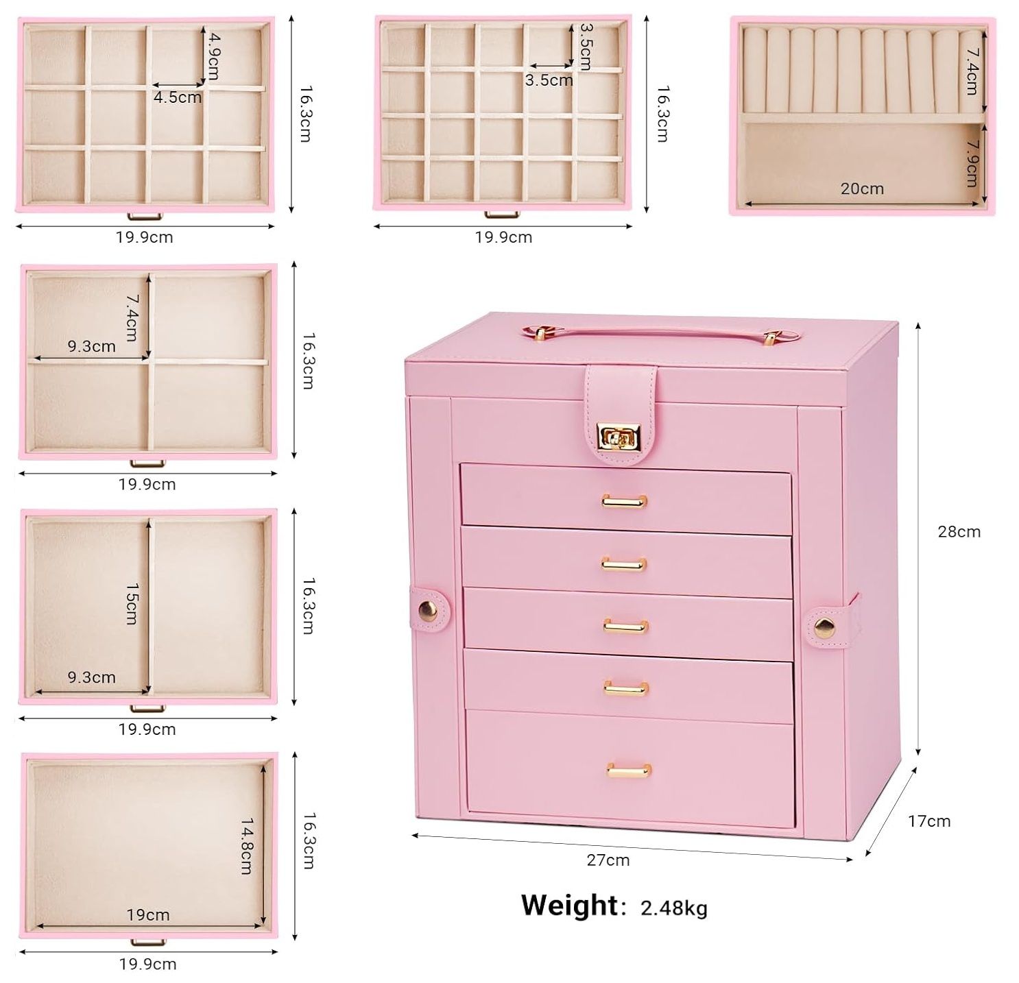 CARLA HOME 6-Layer Large Jewelry Box for Women withDrawers, Mirror, Lock, Necklace Hooks & Side Compartments for Rings, Earrings, Bracelets, Gifts (Pink) 3